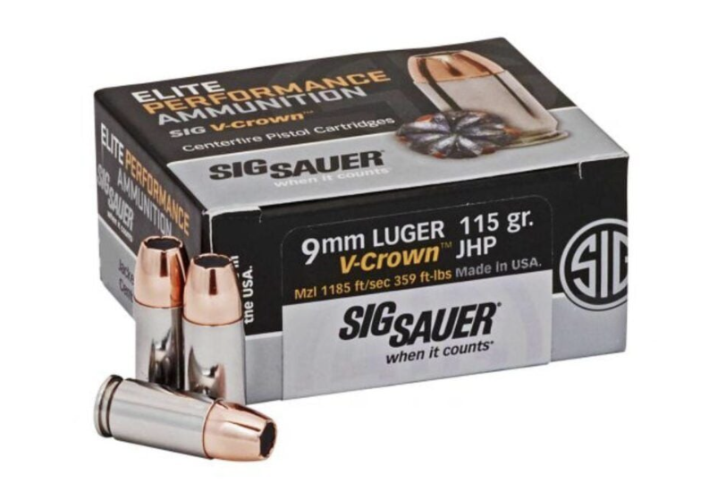 Sig Sauer E9MMA150 Elite Defense 9mm Luger 115 gr 1185 fps V-Crown Jacketed Hollow Point (VJHP) Handgun Ammo - 500 Rounds